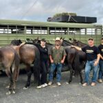 Group of people standing next to a horse trailer and a barn