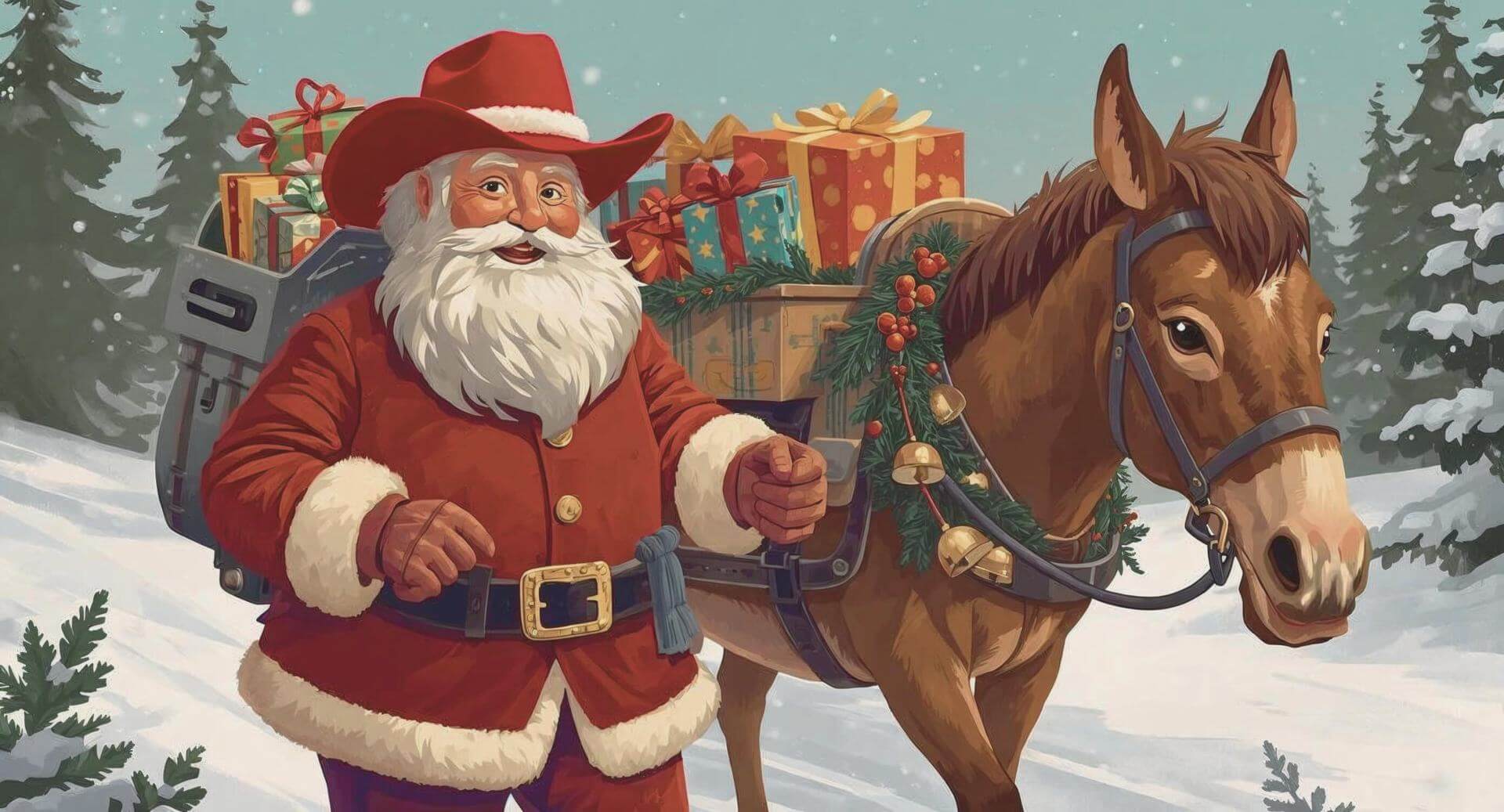 Cowboy Santa with Mule with gifts