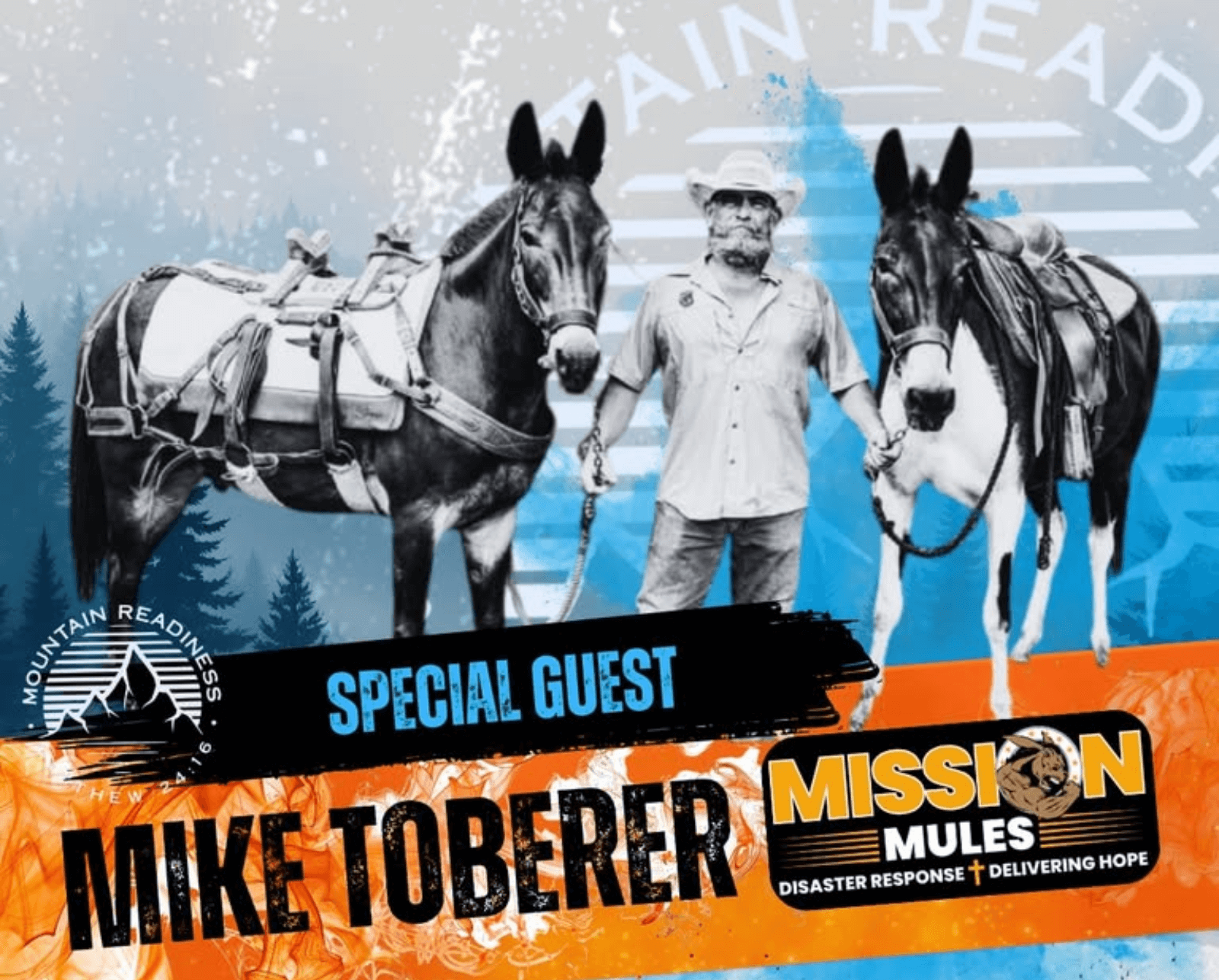 Man holding 2 mules and words Special Guest Mike Toberer