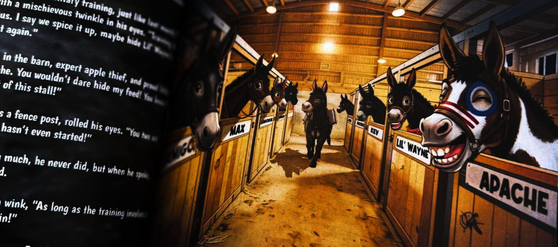 Illustration of mules in barn stalls with one mule walking down the middle