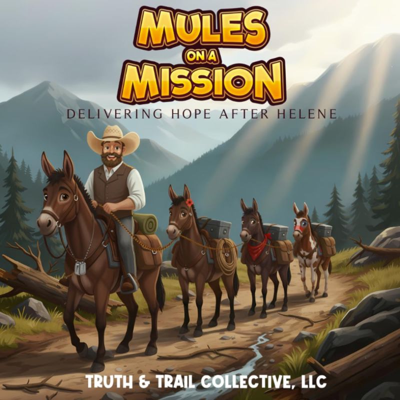 Book cover of a man on a mule with 3 mules following behind, on a mountain trail and words Mules on a Mission: Delivering Hope After Helene